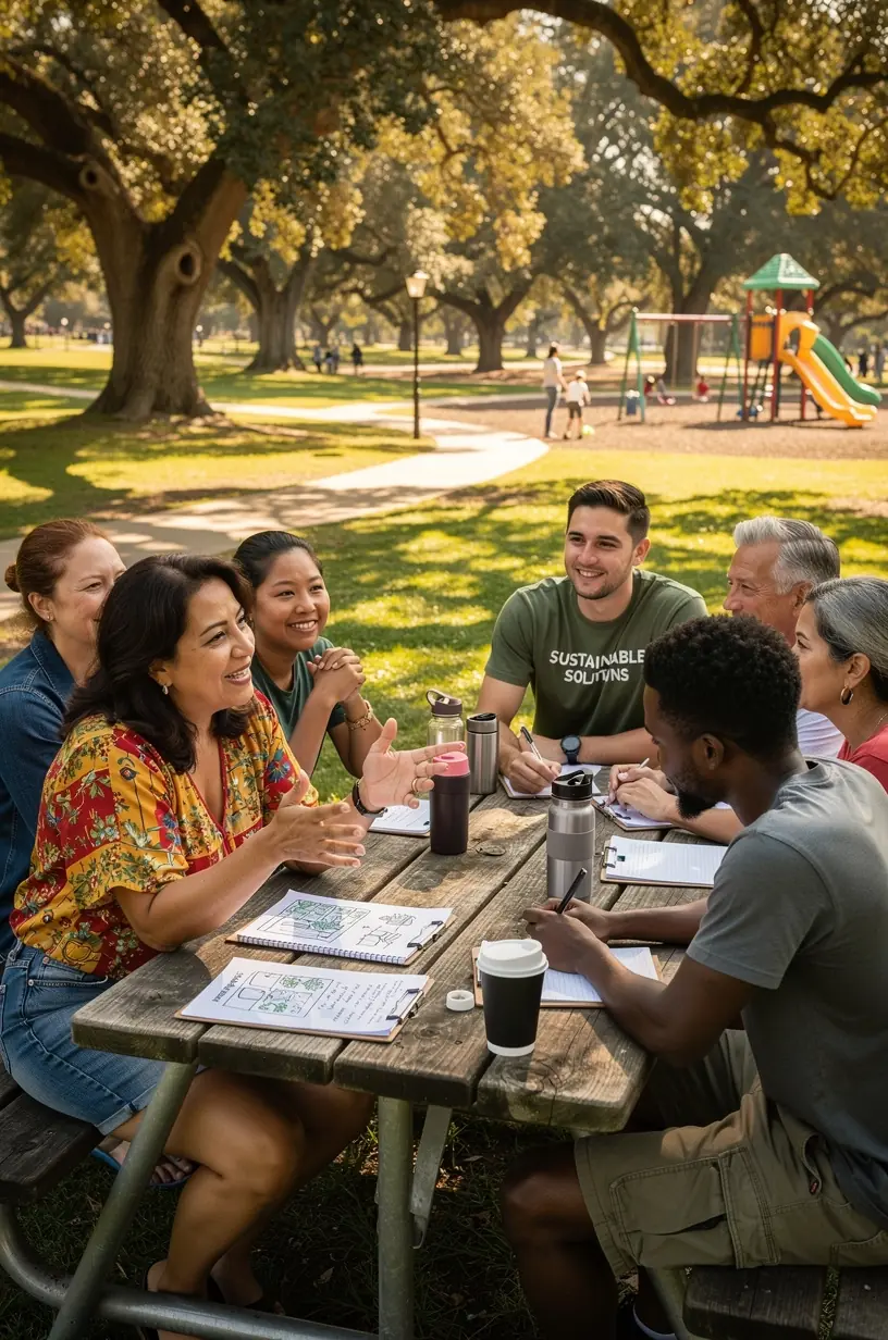 Professional analyzing data charts and community feedback to develop practical solutions in a modern office