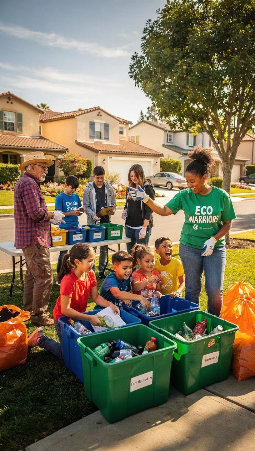 Diverse group of people discussing neighborhood improvements around a table with laptops and reports visible